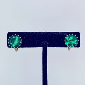 Green crystals clip on earrings vintage